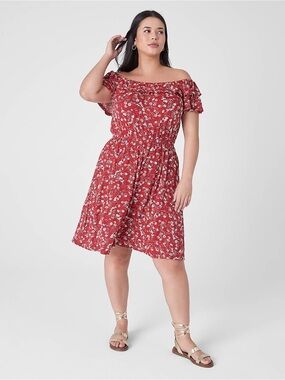 Lane Bryant Red Floral Convertible Ruffle Dress 18/20 Plus Off Shoulder